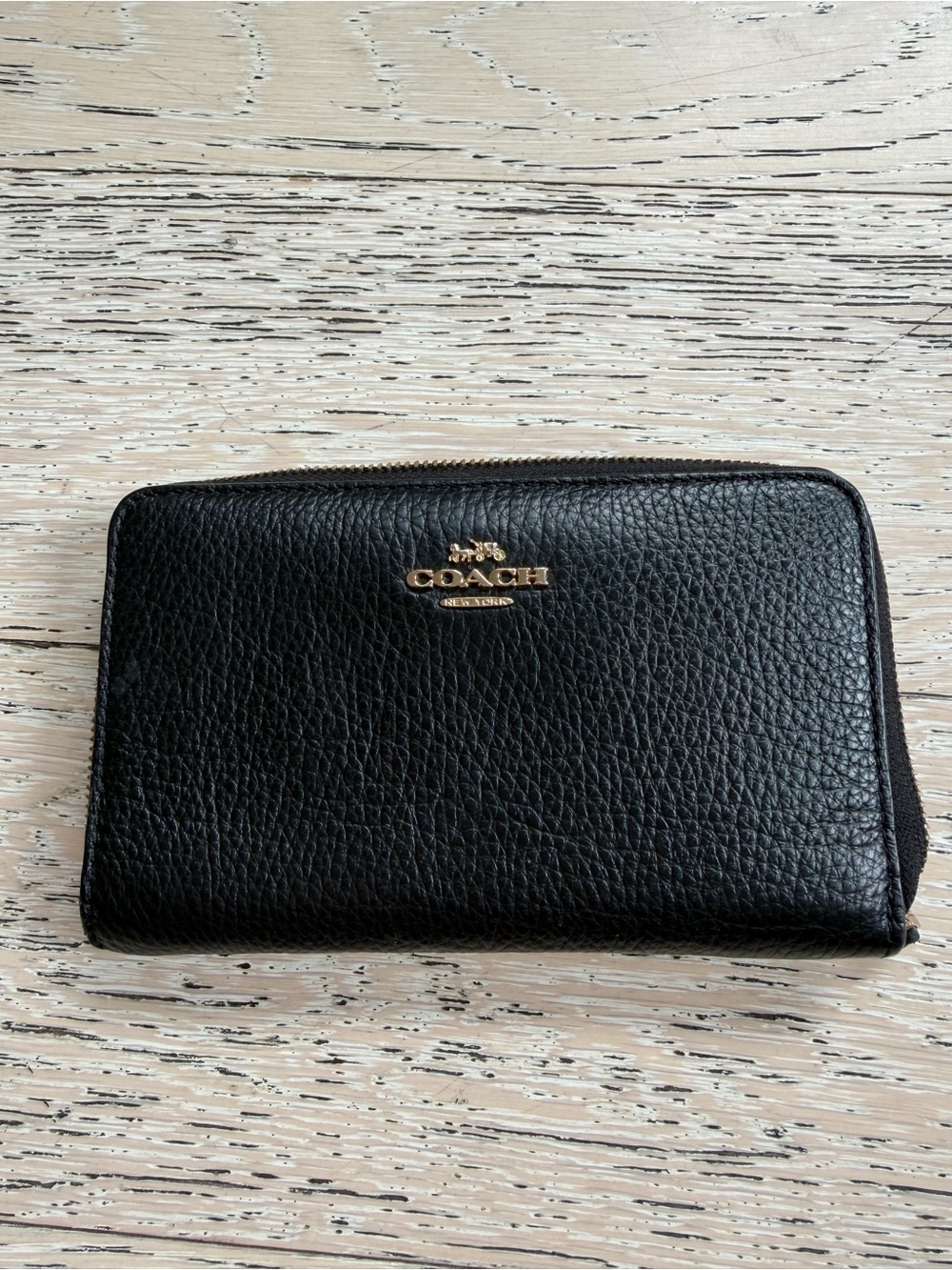 Coach Black Pebbled Leather Zip Card Holder with Gold Logo